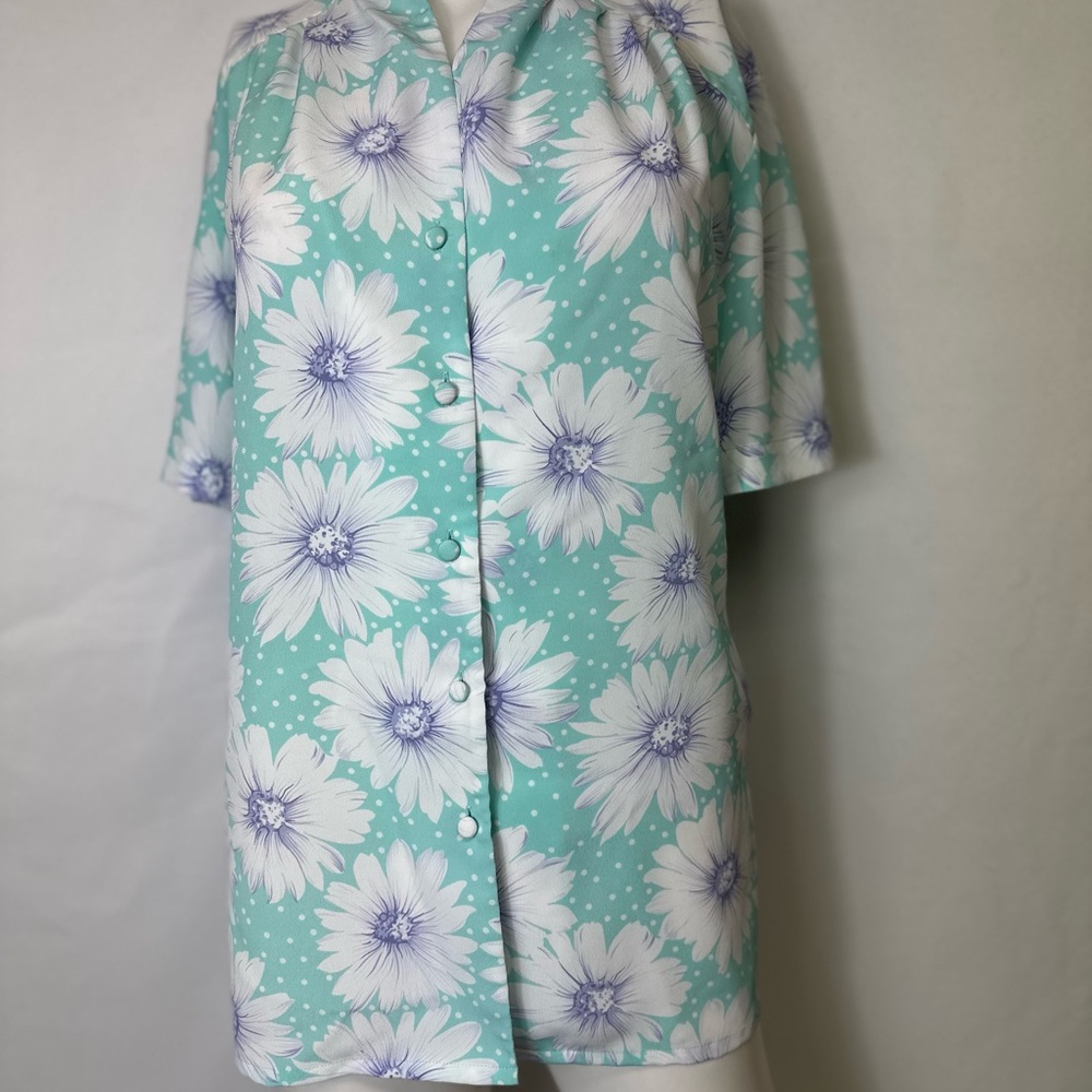 VINTAGE TAN JAY BRAND SIZE 10 POLYESTER BUTTON UP BLOUSE Mint Green Floral EUC